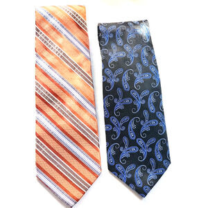 2 Burma Bibas Extra Long 100% Silk Neckties Orange/Copper Stripe & Blue Paisley